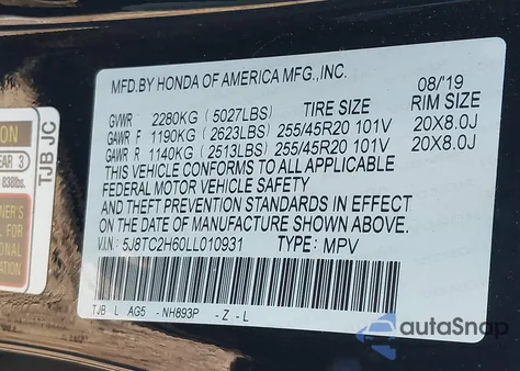 2020 Acura Rdx A-Spec Package from USA, damaged, VIN 5J8TC2H60LL010931